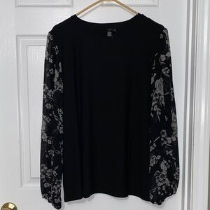 Tahari Black 2X Blouse with Sheer Floral Sleeves